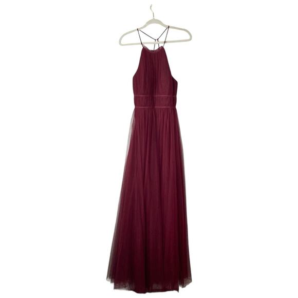 JENNY YOO Collection Helena Tulle Bridesmaid Dress Burgundy Red Size 10 Halter - Picture 2 of 9